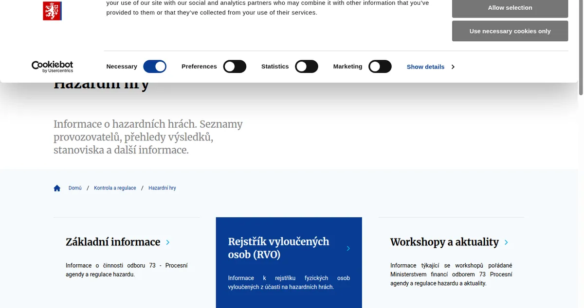 Stránka hazardních her na webu Ministerstva financí