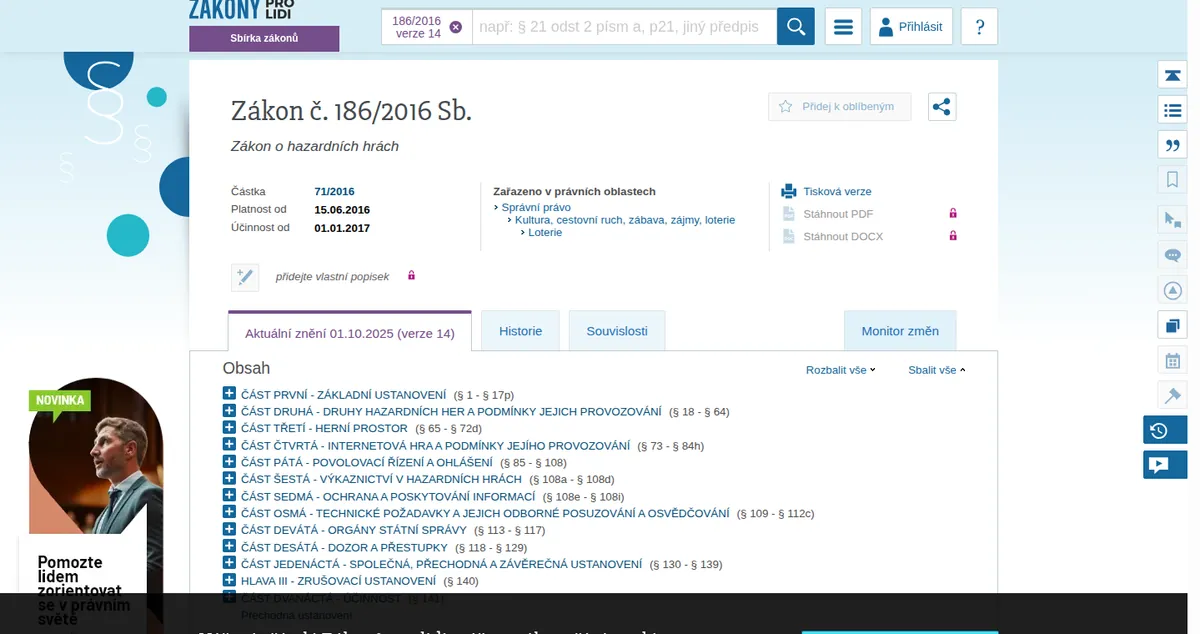 Úplné znění zákona č. 186/2016 Sb. o hazardních hrách
